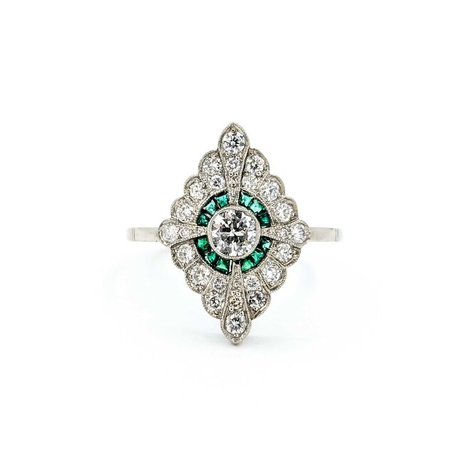 Ring Cocktail .42ctw European Cut Diamonds .25ctw Green Emeralds 900pt 19x13mm Sz7 5g 125060010
