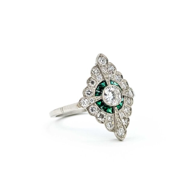 Ring Cocktail .42ctw European Cut Diamonds .25ctw Green Emeralds 900pt 19x13mm Sz7 5g 125060010