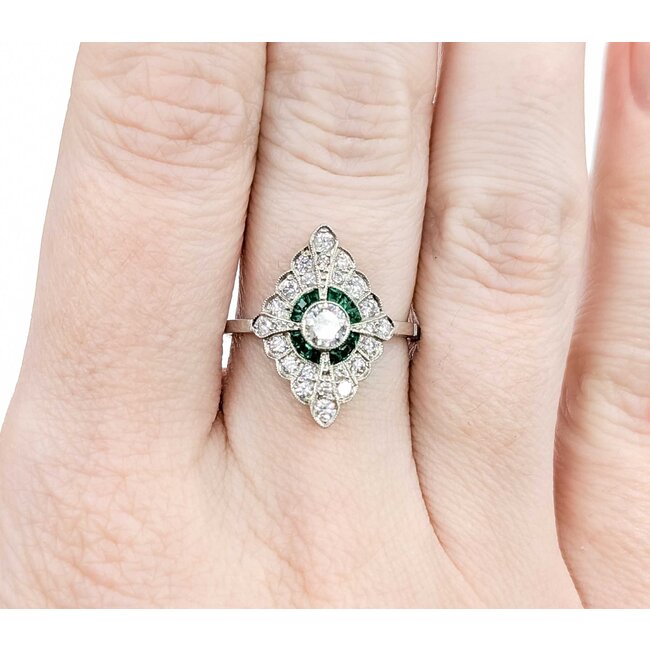 Ring Cocktail .42ctw European Cut Diamonds .25ctw Green Emeralds 900pt 19x13mm Sz7 5g 125060010