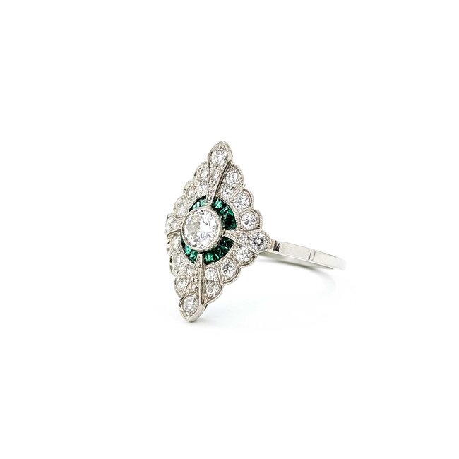Ring Cocktail .42ctw European Cut Diamonds .25ctw Green Emeralds 900pt 19x13mm Sz7 5g 125060010