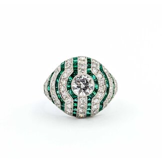 Ring Dome .61ct Old European Cut Diamond 1.09ctw Near Colorless Diamonds 2.06ctw Green Emeralds 900pt 17mm Sz6.75 7.1g 125060009