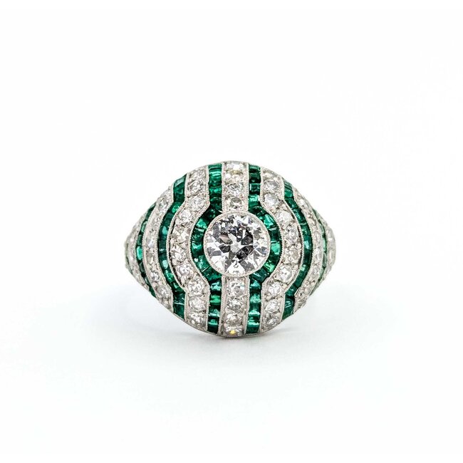 Ring Dome .61ct Old European Cut Diamond 1.09ctw Near Colorless Diamonds 2.06ctw Green Emeralds 900pt 17mm Sz6.75 7.1g 125060009