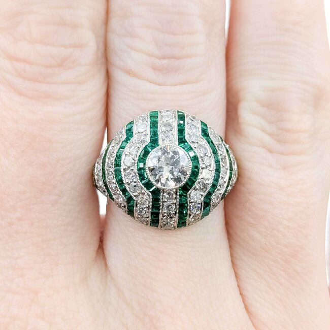 Ring Dome .61ct Old European Cut Diamond 1.09ctw Near Colorless Diamonds 2.06ctw Green Emeralds 900pt 17mm Sz6.75 7.1g 125060009