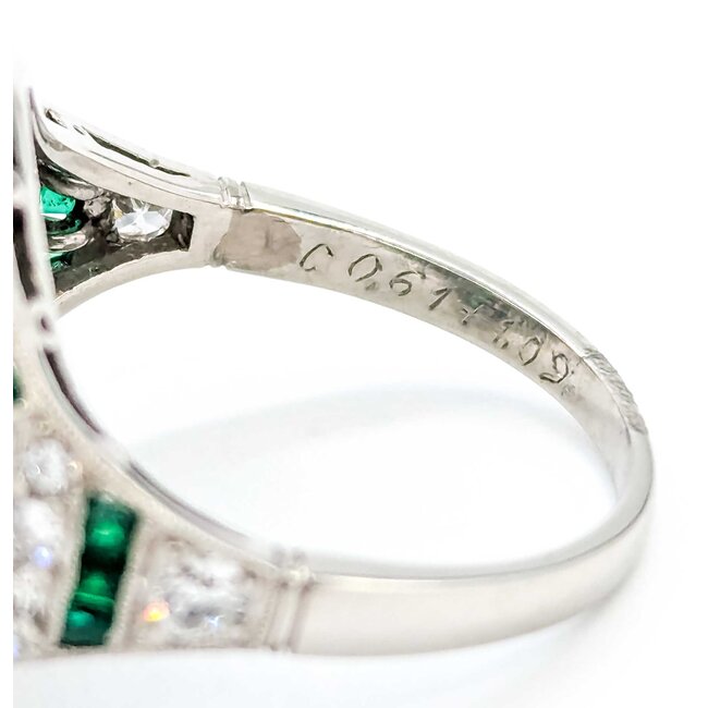Ring Dome .61ct Old European Cut Diamond 1.09ctw Near Colorless Diamonds 2.06ctw Green Emeralds 900pt 17mm Sz6.75 7.1g 125060009