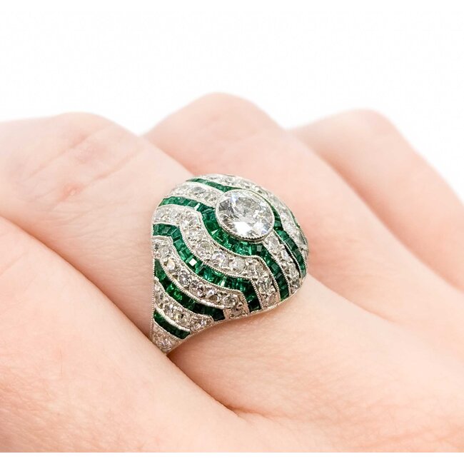 Ring Dome .61ct Old European Cut Diamond 1.09ctw Near Colorless Diamonds 2.06ctw Green Emeralds 900pt 17mm Sz6.75 7.1g 125060009