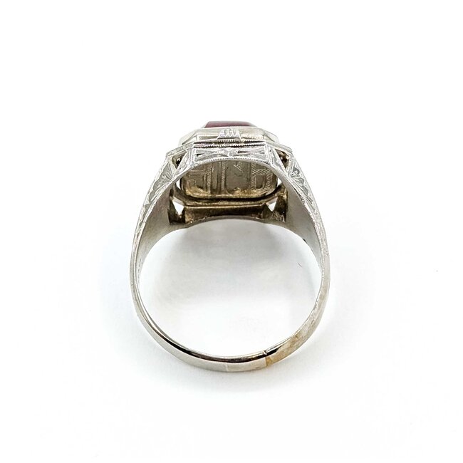 Ring Spinner/Flip "AJE" Engraved 12x10mm Synthetic Cabochon Ruby 14kw 17x15mm Sz12 10.7g 125060085