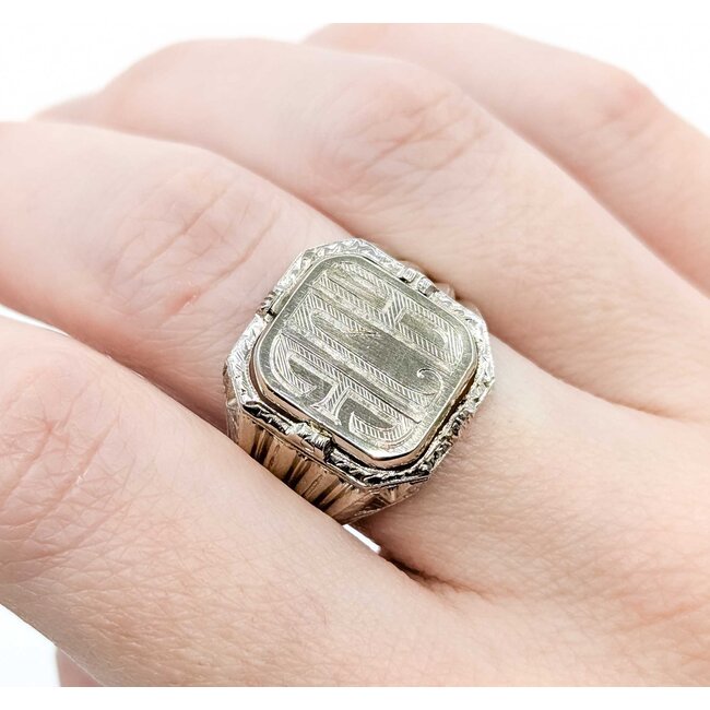 Ring Spinner/Flip "AJE" Engraved 12x10mm Synthetic Cabochon Ruby 14kw 17x15mm Sz12 10.7g 125060085