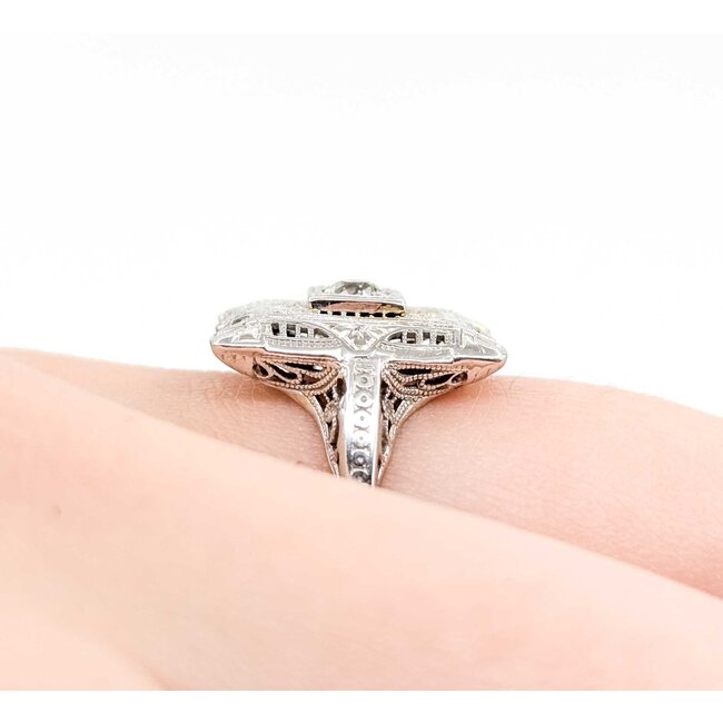 Ring Filigree .10ct Old European Diamond 18kw 15x13mm Sz5 2.9g 125060094