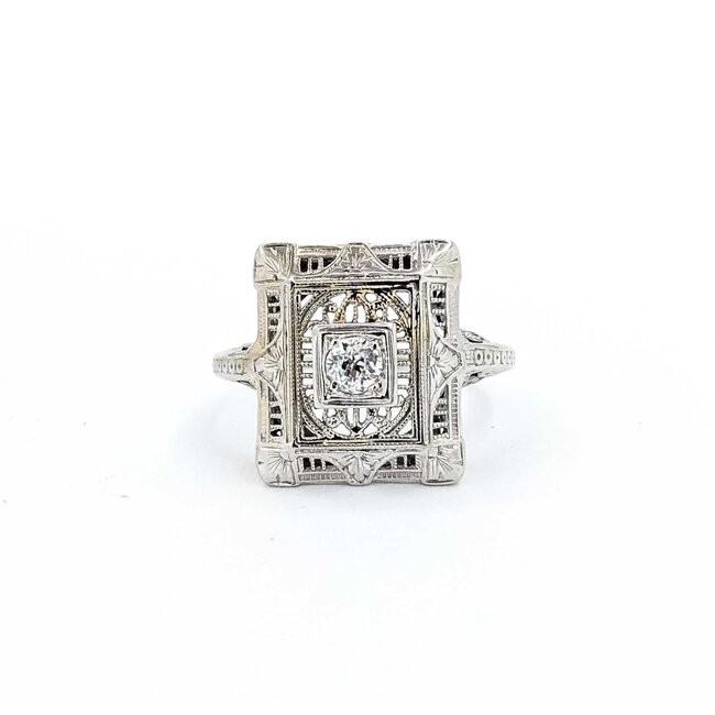Ring Filigree .10ct Old European Diamond 18kw 15x13mm Sz5 2.9g 125060094