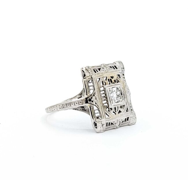 Ring Filigree .10ct Old European Diamond 18kw 15x13mm Sz5 2.9g 125060094