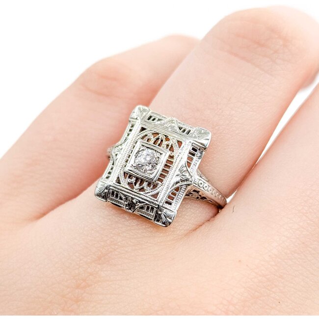 Ring Filigree .10ct Old European Diamond 18kw 15x13mm Sz5 2.9g 125060094