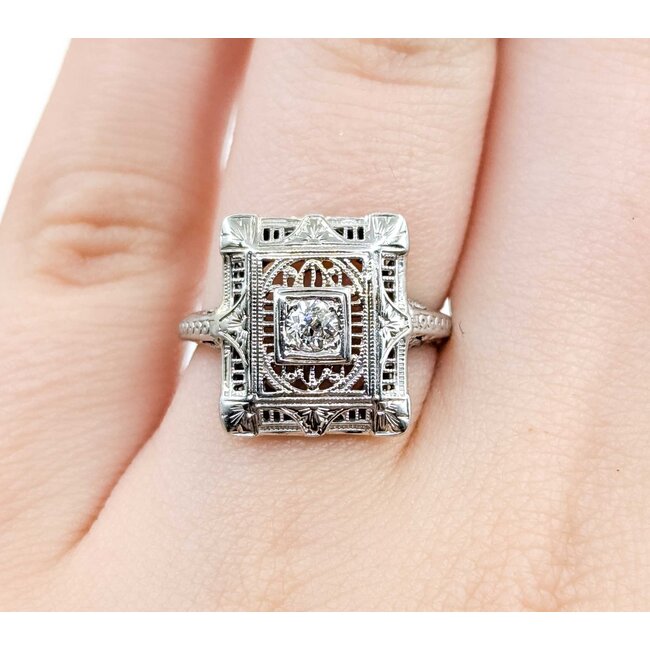 Ring Filigree .10ct Old European Diamond 18kw 15x13mm Sz5 2.9g 125060094