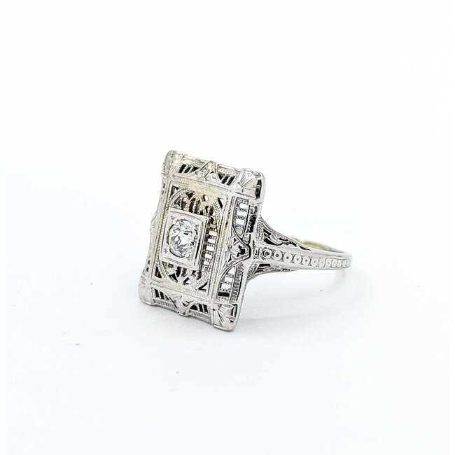 Ring Filigree .10ct Old European Diamond 18kw 15x13mm Sz5 2.9g 125060094
