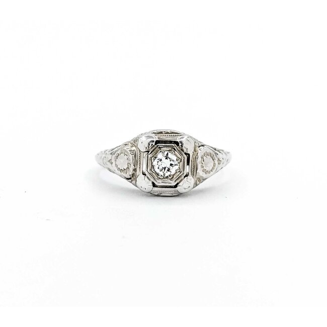 Ring Filigree Milgrain .12ct European Cut Diamond 18kw 8.8mm Sz6 2.6g 125060092