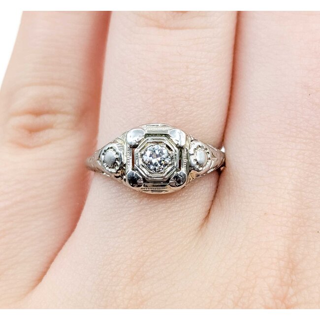 Ring Filigree Milgrain .12ct European Cut Diamond 18kw 8.8mm Sz6 2.6g 125060092