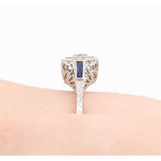 Ring Filigree .33ct European Cut Diamond .08ctw  Sapphire Baguette Accents    18kw 9x10mm Sz7.75 2.4g 125060098