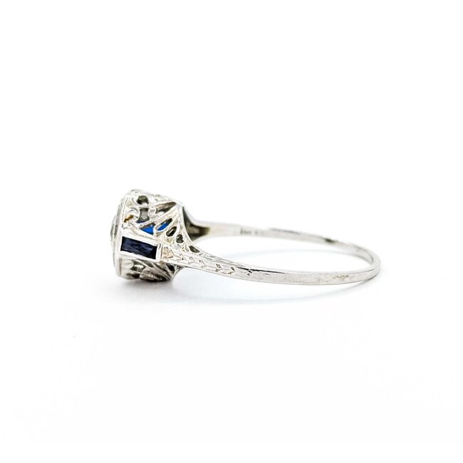 Ring Filigree .33ct European Cut Diamond .08ctw  Sapphire Baguette Accents    18kw 9x10mm Sz7.75 2.4g 125060098