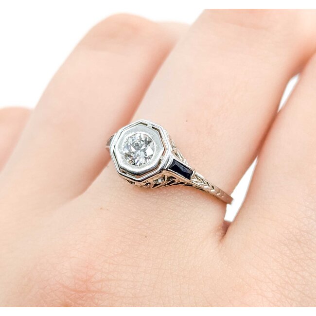 Ring Filigree .33ct European Cut Diamond .08ctw  Sapphire Baguette Accents    18kw 9x10mm Sz7.75 2.4g 125060098