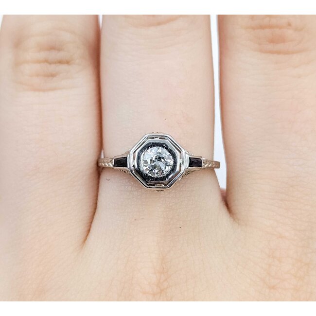 Ring Filigree .33ct European Cut Diamond .08ctw  Sapphire Baguette Accents    18kw 9x10mm Sz7.75 2.4g 125060098