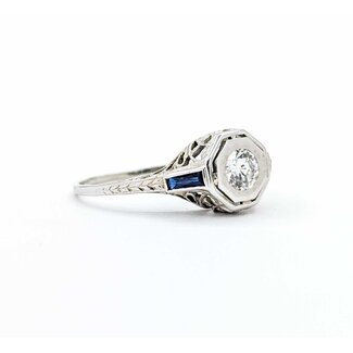 Ring Filigree .33ct European Cut Diamond .08ctw  Sapphire Baguette Accents    18kw 9x10mm Sz7.75 2.4g 125060098