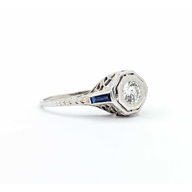 Ring Filigree .33ct European Cut Diamond .08ctw  Sapphire Baguette Accents    18kw 9x10mm Sz7.75 2.4g 125060098