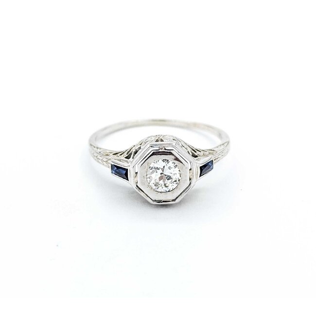 Ring Filigree .33ct European Cut Diamond .08ctw  Sapphire Baguette Accents    18kw 9x10mm Sz7.75 2.4g 125060098