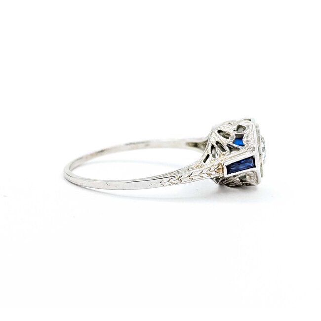 Ring Filigree .33ct European Cut Diamond .08ctw  Sapphire Baguette Accents    18kw 9x10mm Sz7.75 2.4g 125060098