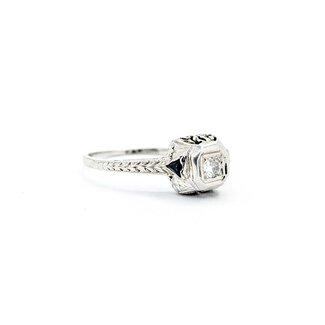 Ring Filigree Milgrain .08ct Old European Diamond .05ctw  Sapphire Accents    18kw 8x9mm Sz7.5 2.4g 125060095