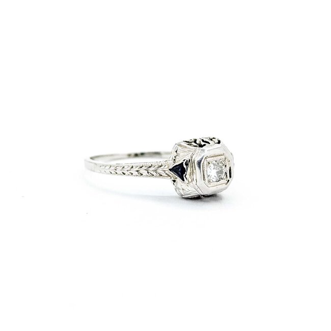 Ring Filigree Milgrain .08ct Old European Diamond .05ctw  Sapphire Accents    18kw 8x9mm Sz7.5 2.4g 125060095