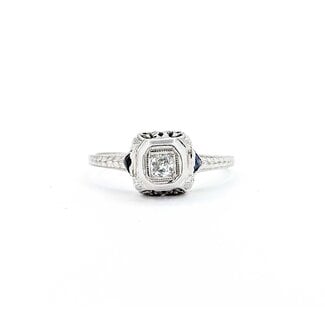 Ring Filigree Milgrain .08ct Old European Diamond .05ctw  Sapphire Accents    18kw 8x9mm Sz7.5 2.4g 125060095