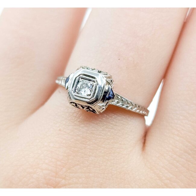 Ring Filigree Milgrain .08ct Old European Diamond .05ctw  Sapphire Accents    18kw 8x9mm Sz7.5 2.4g 125060095