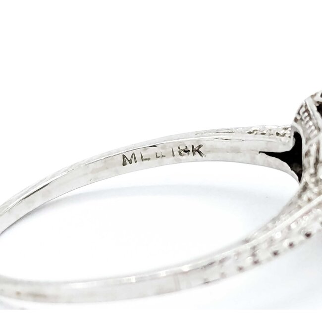 Ring Filigree Milgrain .08ct Old European Diamond .05ctw  Sapphire Accents    18kw 8x9mm Sz7.5 2.4g 125060095