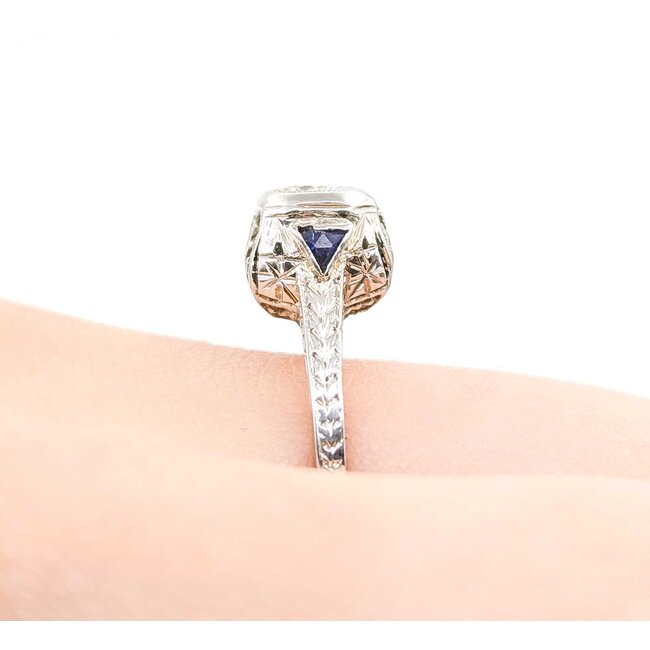 Ring Filigree Milgrain .08ct Old European Diamond .05ctw  Sapphire Accents    18kw 8x9mm Sz7.5 2.4g 125060095