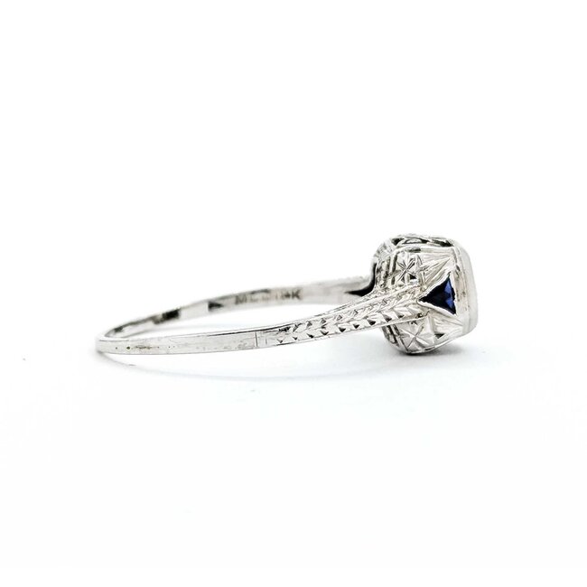 Ring Filigree Milgrain .08ct Old European Diamond .05ctw  Sapphire Accents    18kw 8x9mm Sz7.5 2.4g 125060095