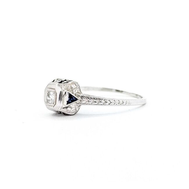 Ring Filigree Milgrain .08ct Old European Diamond .05ctw  Sapphire Accents    18kw 8x9mm Sz7.5 2.4g 125060095