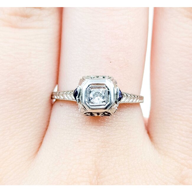 Ring Filigree Milgrain .08ct Old European Diamond .05ctw  Sapphire Accents    18kw 8x9mm Sz7.5 2.4g 125060095