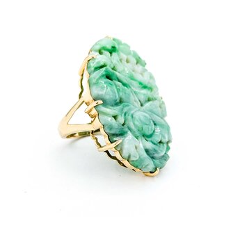 Ring Vintage Carved Floral Oval Jade 14ky sz7.25 13g 225060044