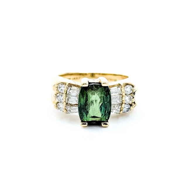 Ring BowTie .75ctw Round & Baguette Diamonds 2.5ct Green Tourmaline 14ky 7.5mm Sz8 7.4g 125060089