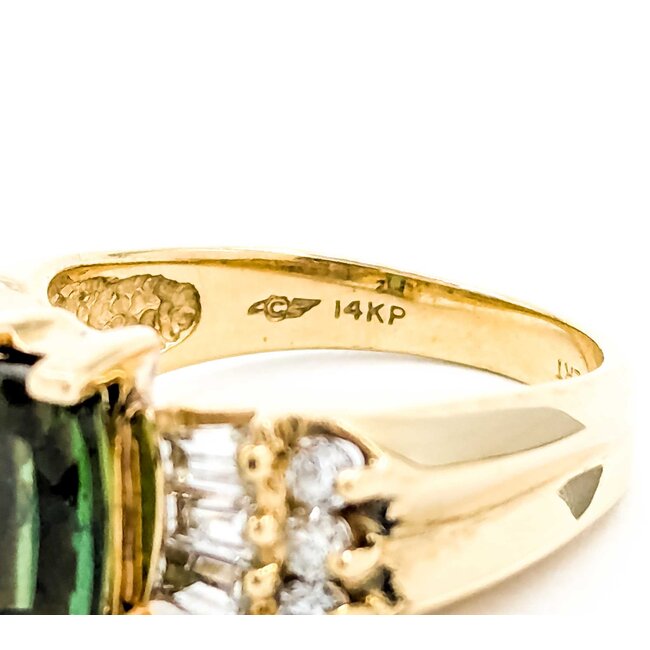 Ring BowTie .75ctw Round & Baguette Diamonds 2.5ct Green Tourmaline 14ky 7.5mm Sz8 7.4g 125060089