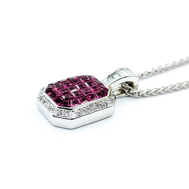Pendant w/chain Invisible Set .60ctw Round/Baguette Diamonds 2.00ctw Ruby 18kw/14kw Chain 22x14mm 18" 10.5g 225070061