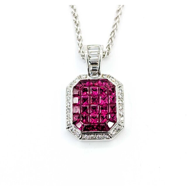 Pendant w/chain Invisible Set .60ctw Round/Baguette Diamonds 2.00ctw Ruby 18kw/14kw Chain 22x14mm 18" 10.5g 225070061