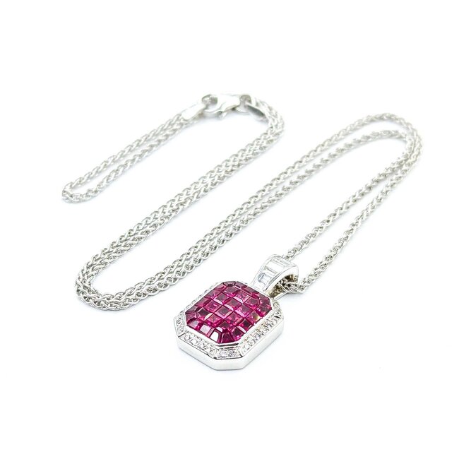 Pendant w/chain Invisible Set .60ctw Round/Baguette Diamonds 2.00ctw Ruby 18kw/14kw Chain 22x14mm 18" 10.5g 225070061