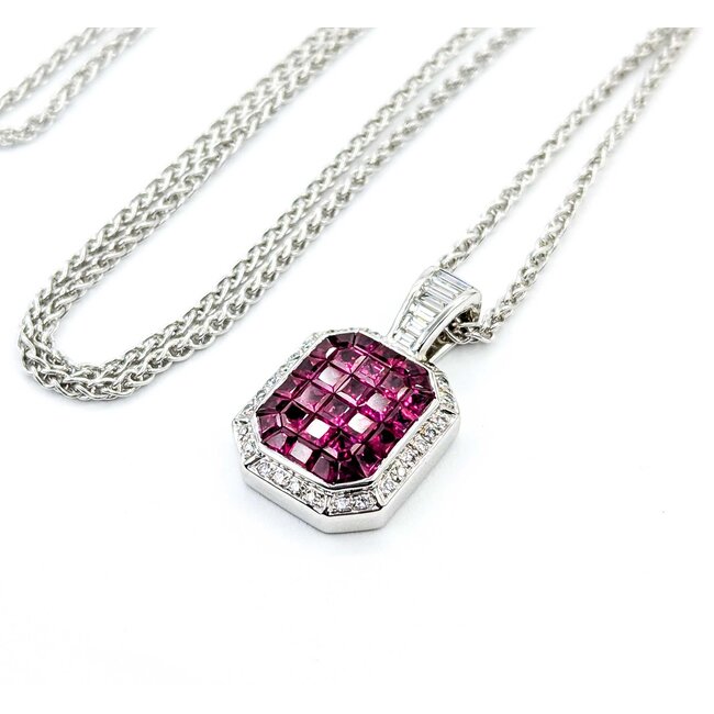 Pendant w/chain Invisible Set .60ctw Round/Baguette Diamonds 2.00ctw Ruby 18kw/14kw Chain 22x14mm 18" 10.5g 225070061