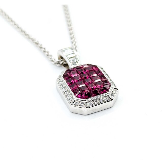 Pendant w/chain Invisible Set .60ctw Round/Baguette Diamonds 2.00ctw Ruby 18kw/14kw Chain 22x14mm 18" 10.5g 225070061