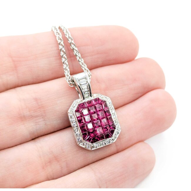Pendant w/chain Invisible Set .60ctw Round/Baguette Diamonds 2.00ctw Ruby 18kw/14kw Chain 22x14mm 18" 10.5g 225070061