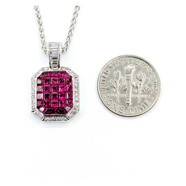 Pendant w/chain Invisible Set .60ctw Round/Baguette Diamonds 2.00ctw Ruby 18kw/14kw Chain 22x14mm 18" 10.5g 225070061