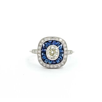 Ring Art Deco Revival .85ct Old MIne Diamonds .15ctw Diamonds .80ctw Blue Sapphire Platinum Sz6.5 4.3g 225070046