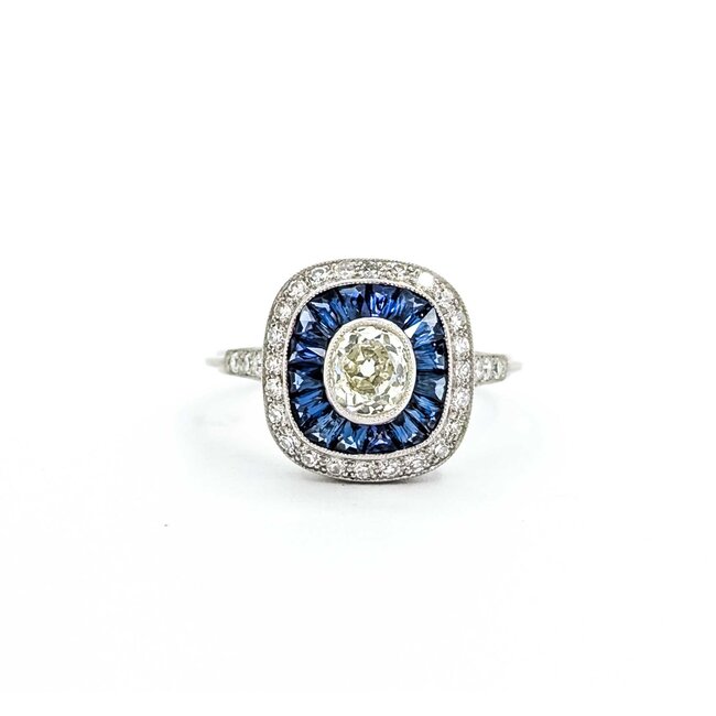 Ring Art Deco Revival .85ct Old MIne Diamonds .15ctw Diamonds .80ctw Blue Sapphire Platinum Sz6.5 4.3g 225070046