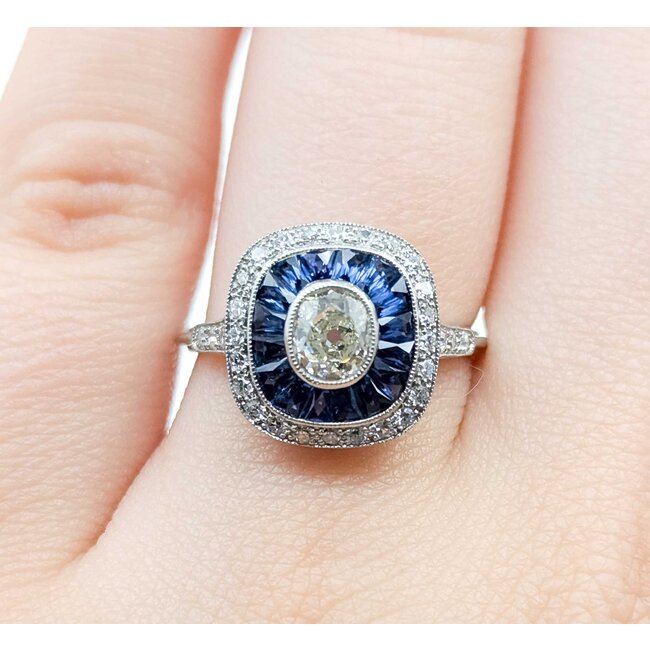 Ring Art Deco Revival .85ct Old MIne Diamonds .15ctw Diamonds .80ctw Blue Sapphire Platinum Sz6.5 4.3g 225070046