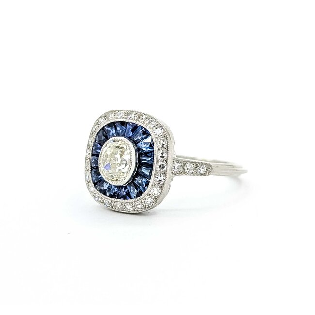 Ring Art Deco Revival .85ct Old MIne Diamonds .15ctw Diamonds .80ctw Blue Sapphire Platinum Sz6.5 4.3g 225070046